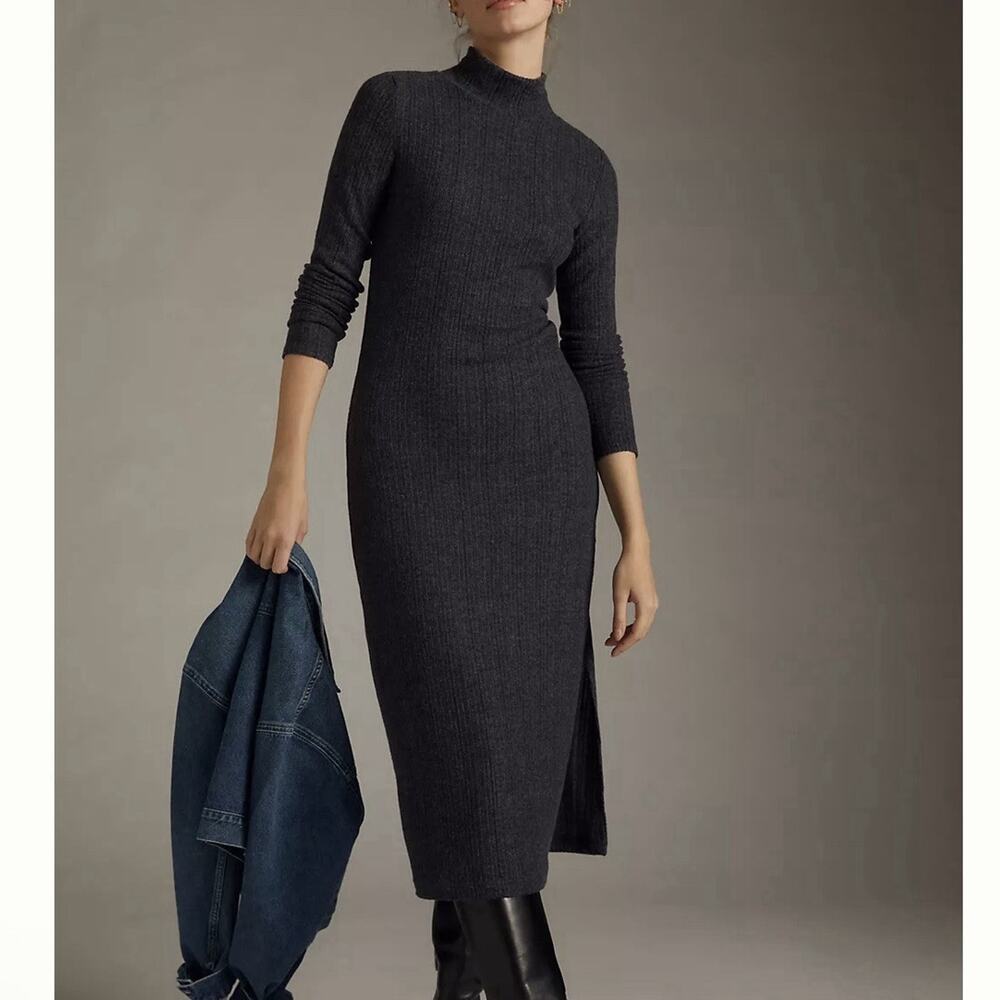 Daily Practice Anthropologie Ribbed Turtleneck Dress Sz M Dark Gray Minimalist